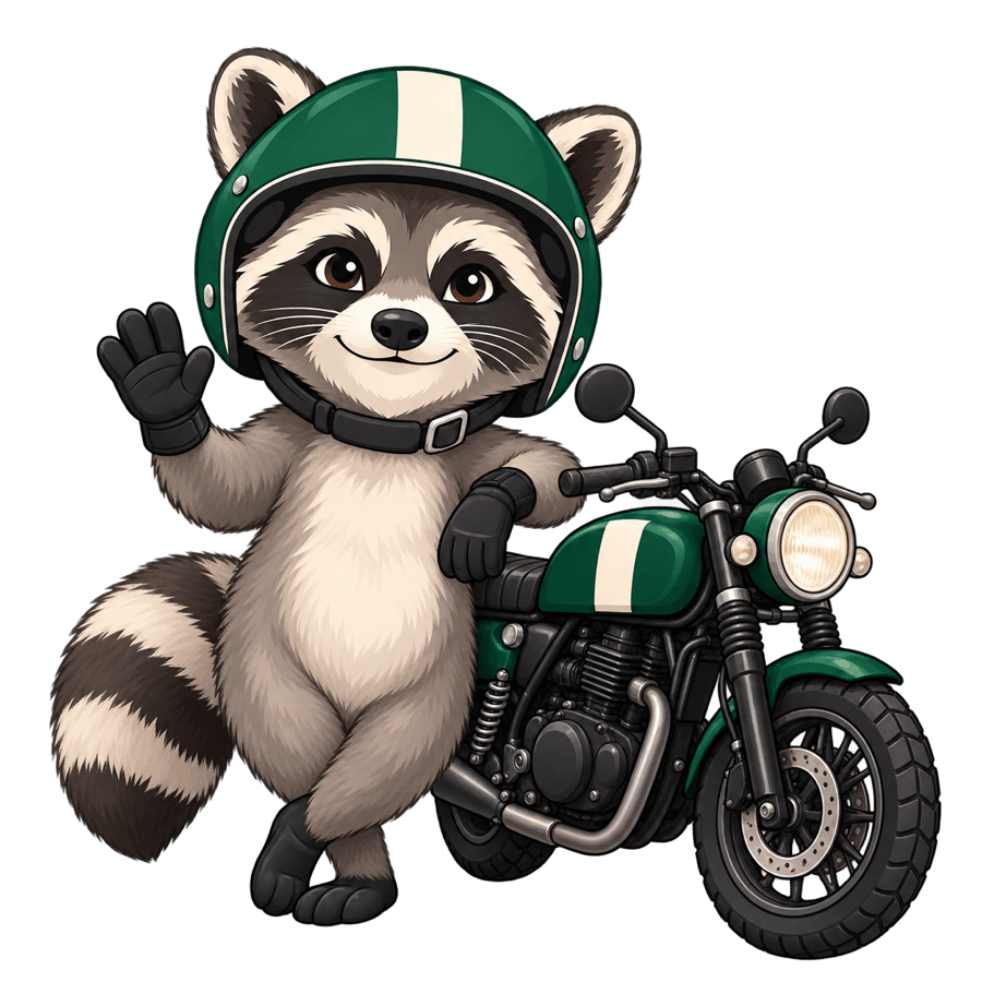 Rascal, a helmet-wearing raccoon, ready beside a green motorcycle.